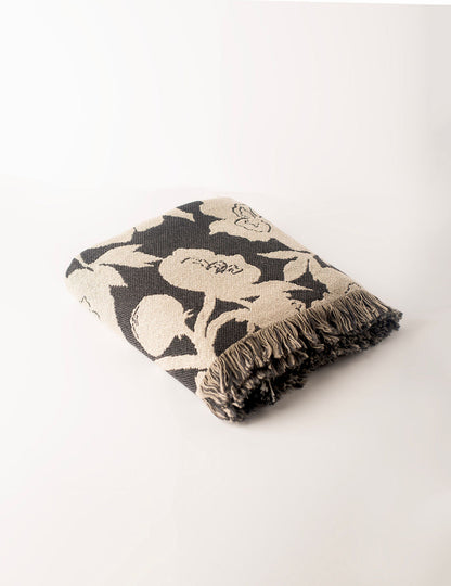 Neutral Floral Woven Throw Blanket — Reversible Cotton, Made in USA
