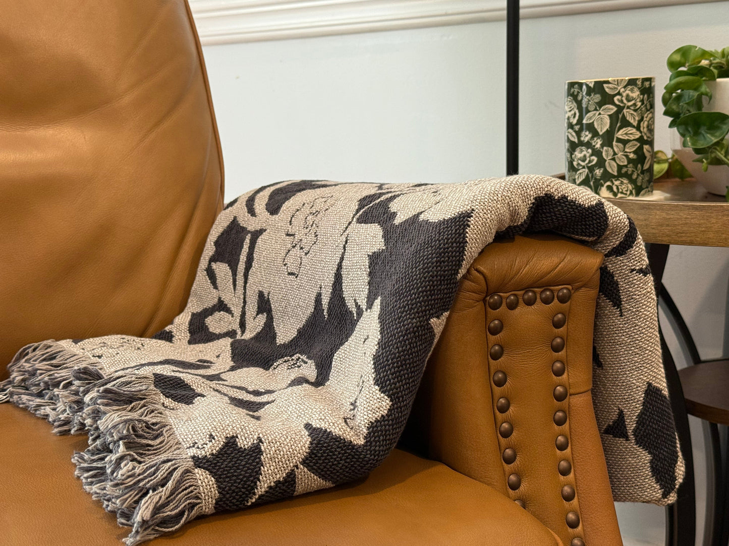 Neutral Floral Woven Throw Blanket — Reversible Cotton, Made in USA