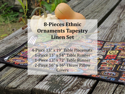 DaDa Bedding Set of 8 Pieces Ethnic Ornaments Table Woven Black Tapestry - 4 Placemats, 2 Table Runners, 2 Throw Pillow Covers (18118)