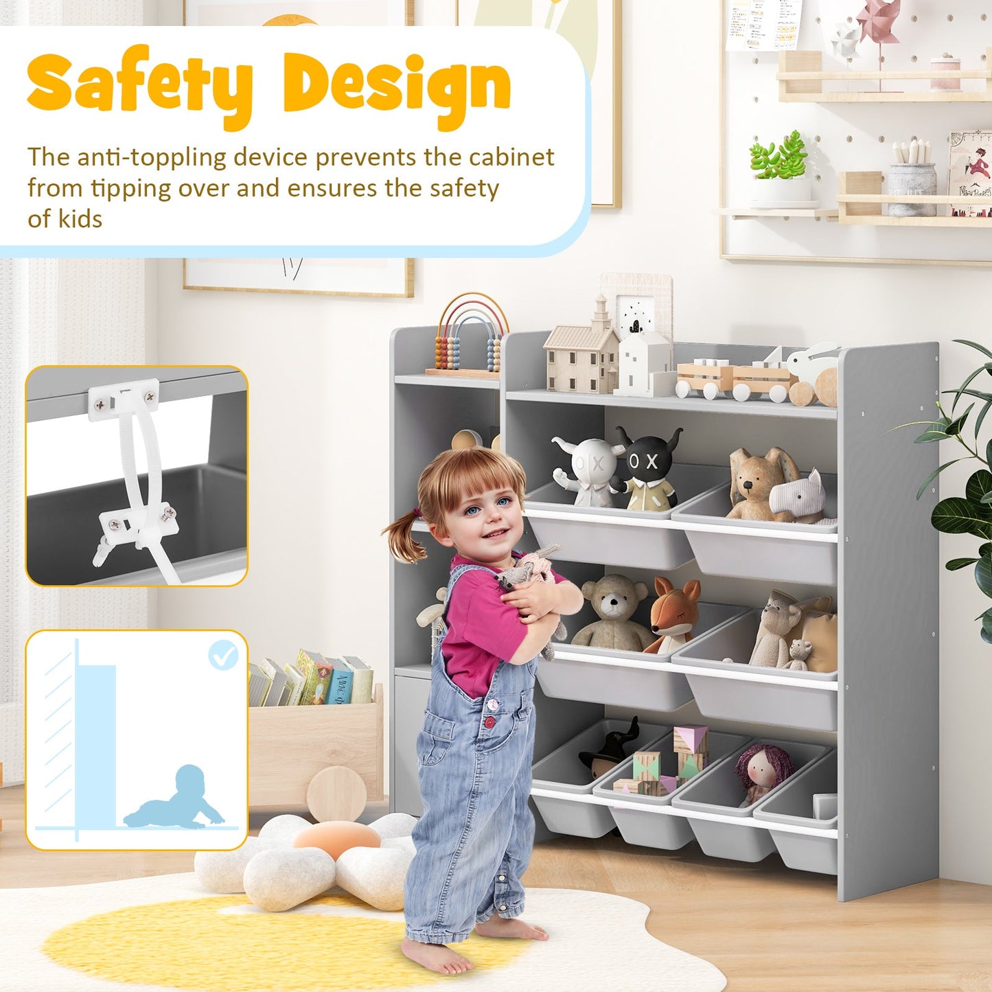 4-Tier Kids Bookshelf and Toy Storage Rack with 8 Toy Organizer Bins-Grey