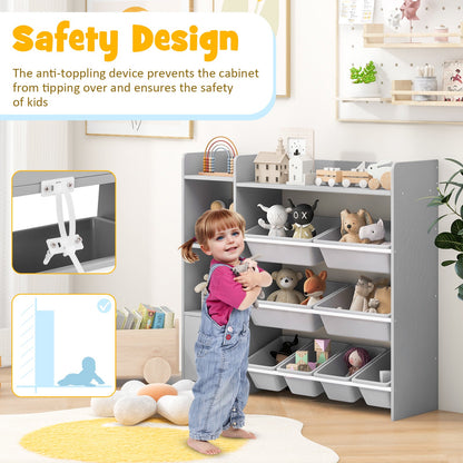4-Tier Kids Bookshelf and Toy Storage Rack with 8 Toy Organizer Bins-Grey
