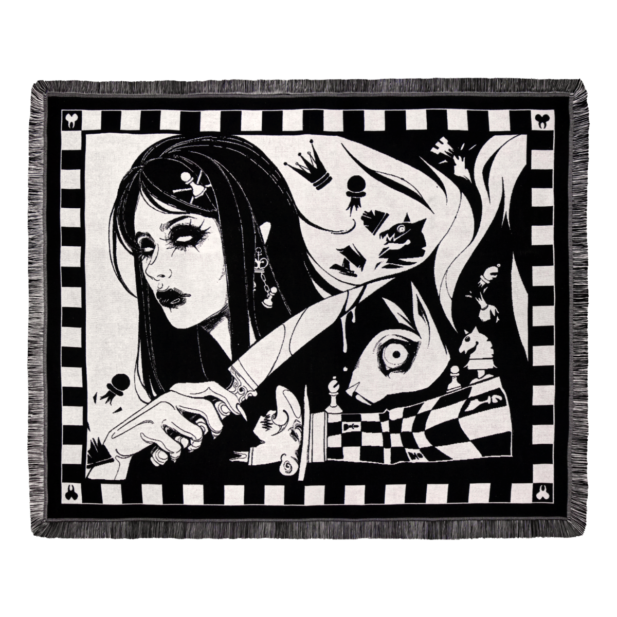 Madness Reigns - Dark Alice Chess Woven Blanket