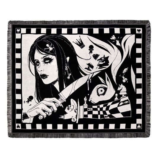 Madness Reigns - Dark Alice Chess Woven Blanket