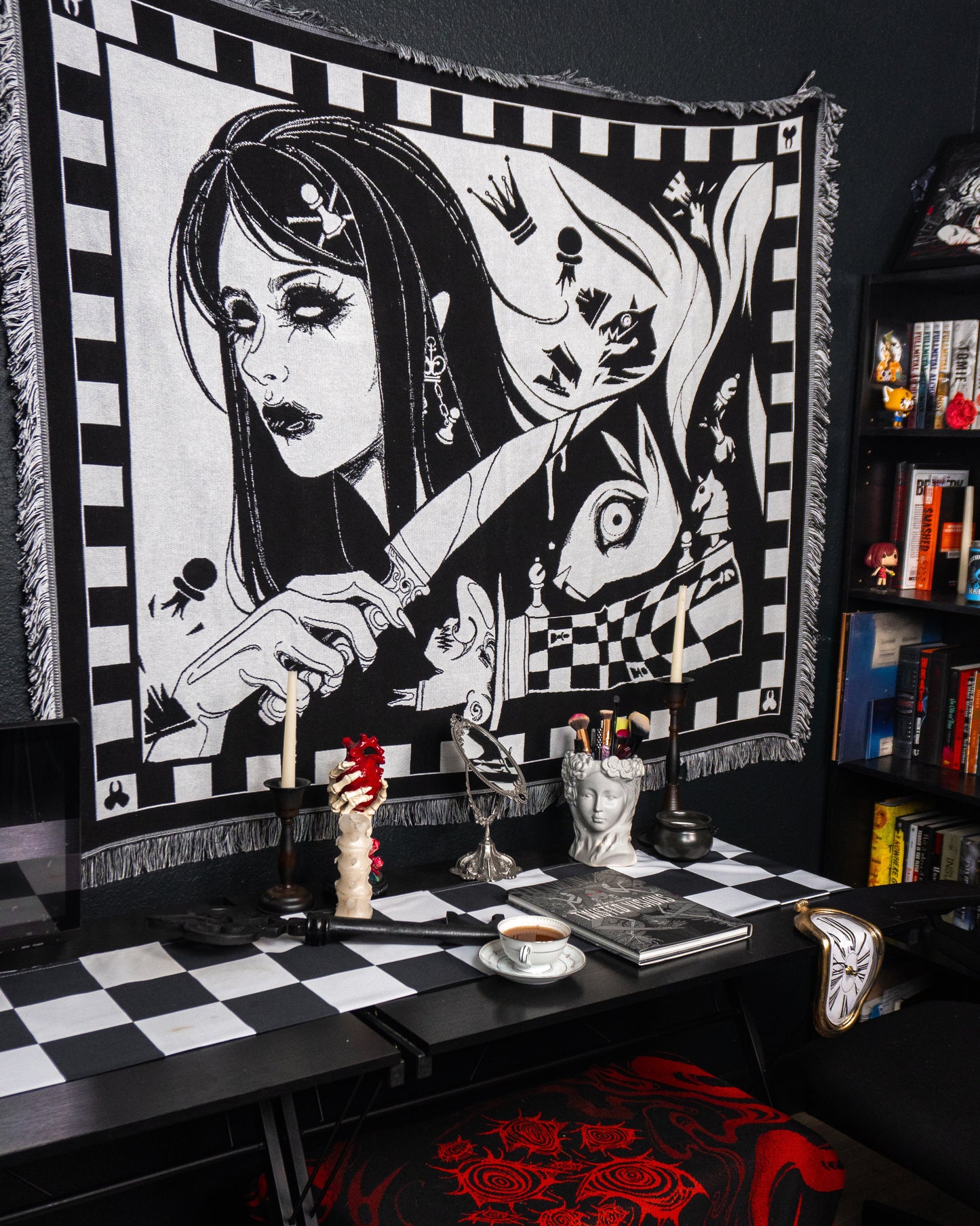 Madness Reigns - Dark Alice Chess Woven Blanket