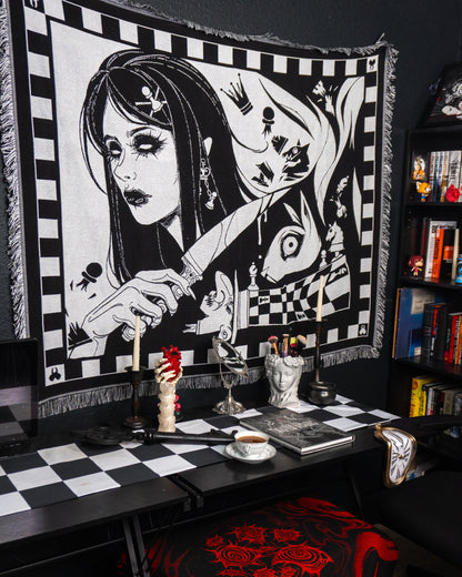 Madness Reigns - Dark Alice Chess Woven Blanket