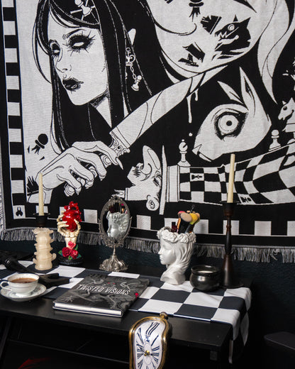 Madness Reigns - Dark Alice Chess Woven Blanket