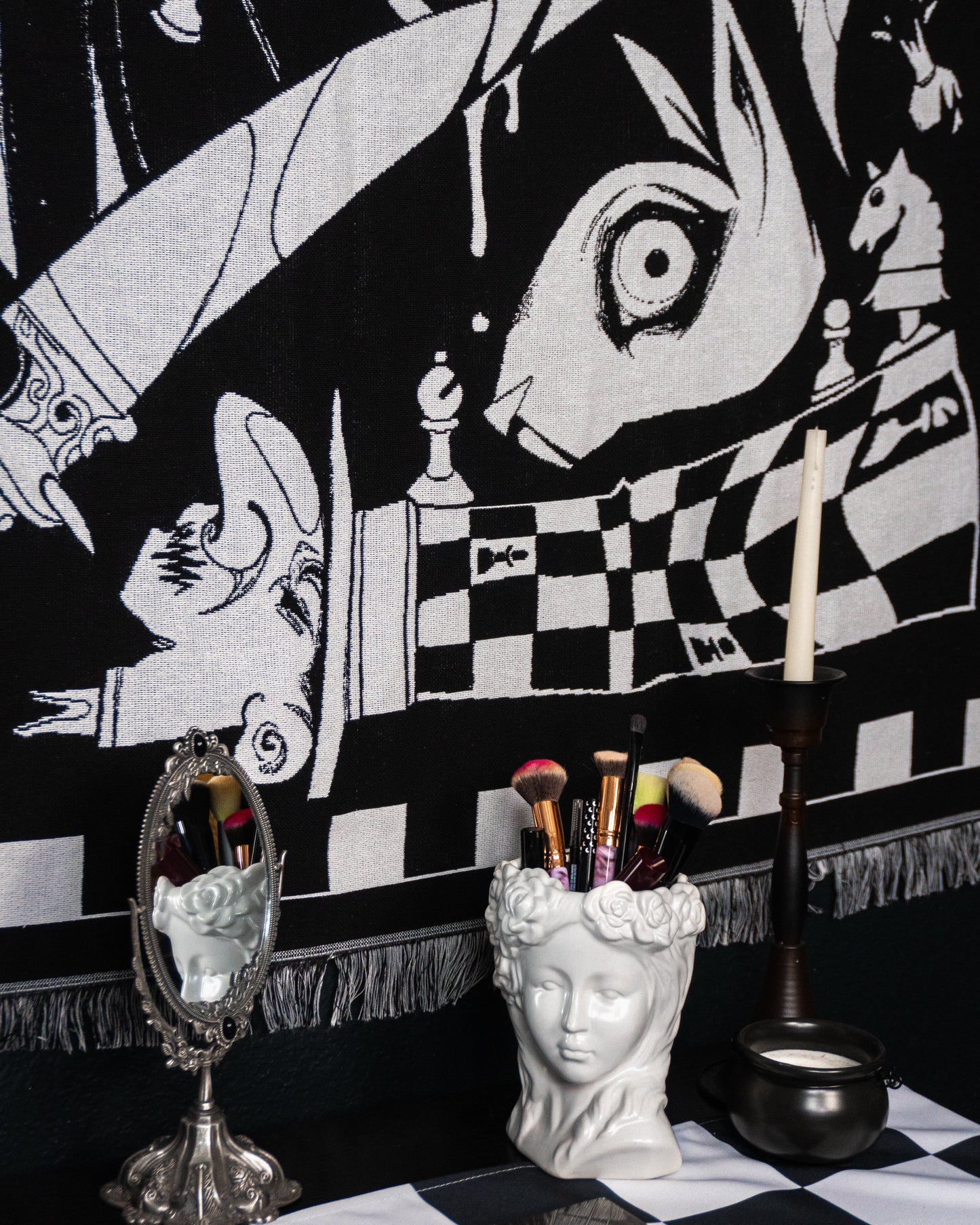Madness Reigns - Dark Alice Chess Woven Blanket
