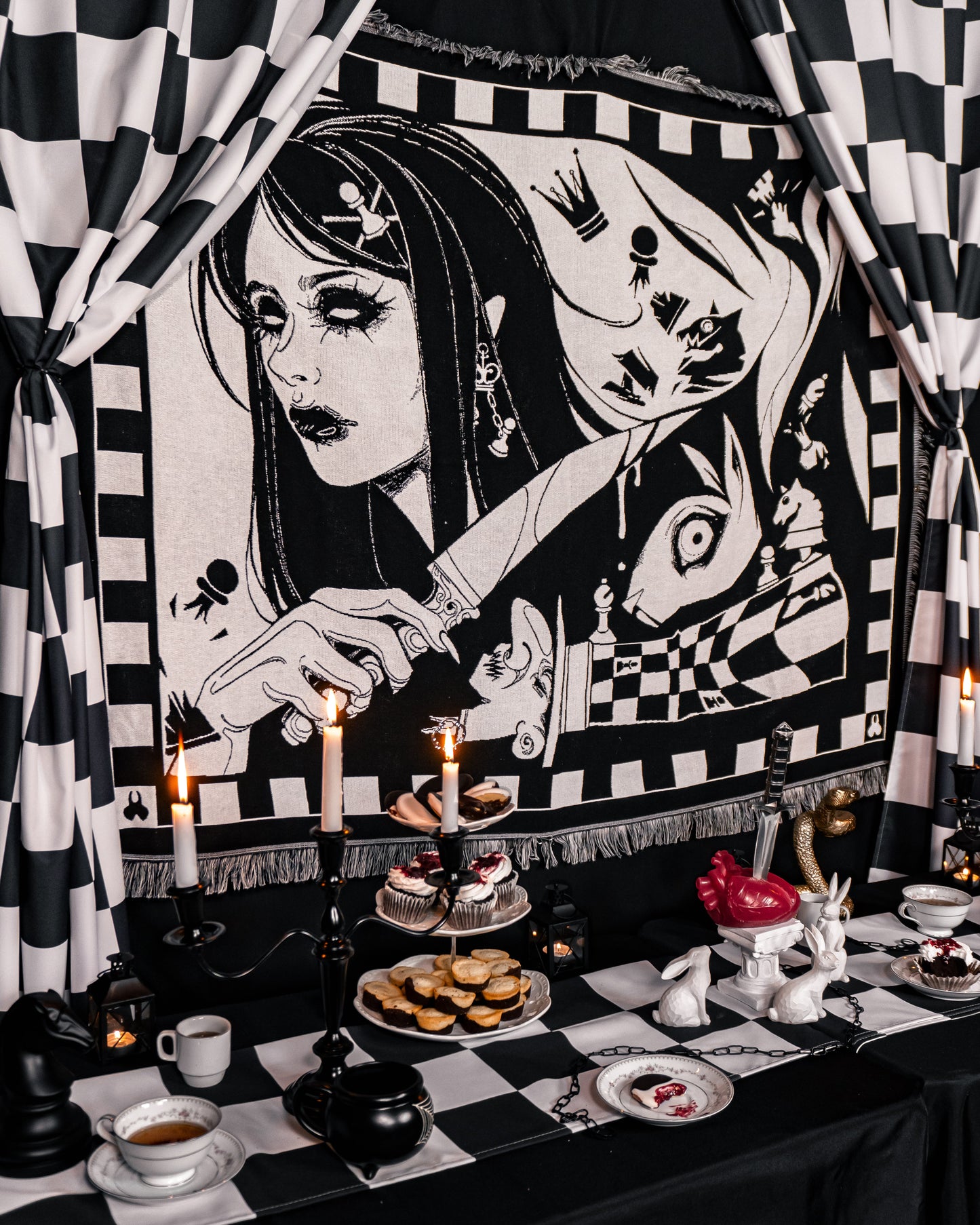 Madness Reigns - Dark Alice Chess Woven Blanket