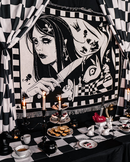 Madness Reigns - Dark Alice Chess Woven Blanket