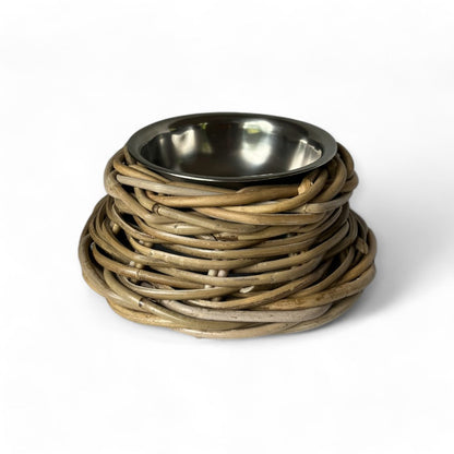 Rattan Pet Bowl with Food-Grade Stainless Steel Bowl