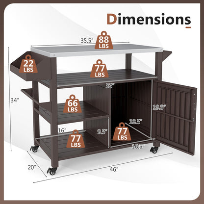 Outdoor Grill Cart with Storage Cabinet Shelves and Stainless Steel Top-Brown