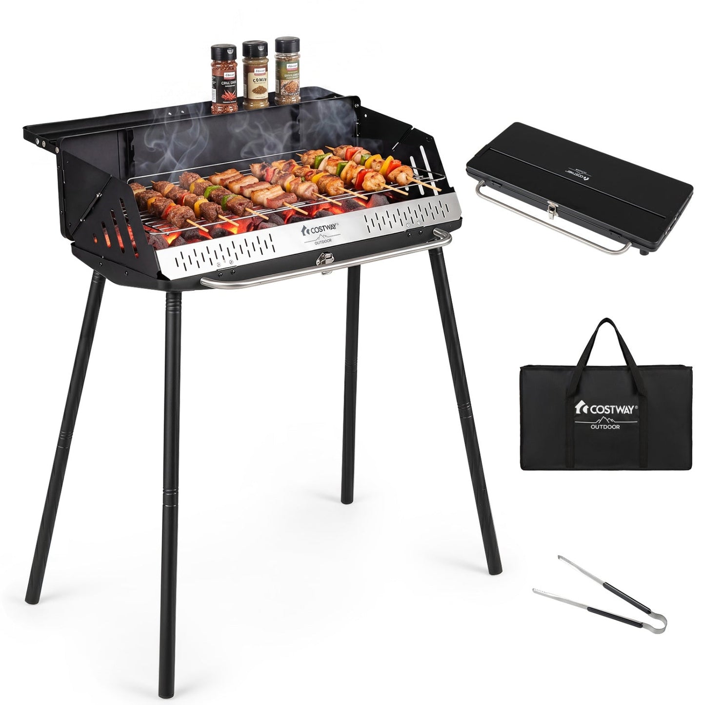 Portable Charcoal Grill with Adjustable Legs & Carrying Bag