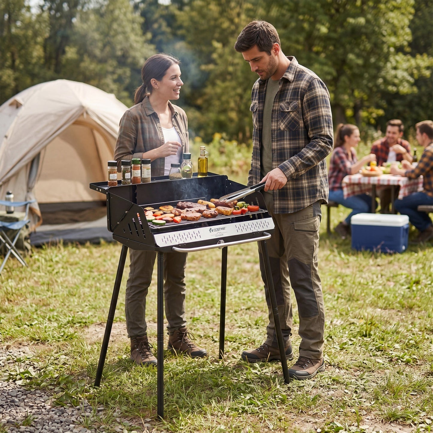 Portable Charcoal Grill with Adjustable Legs & Carrying Bag