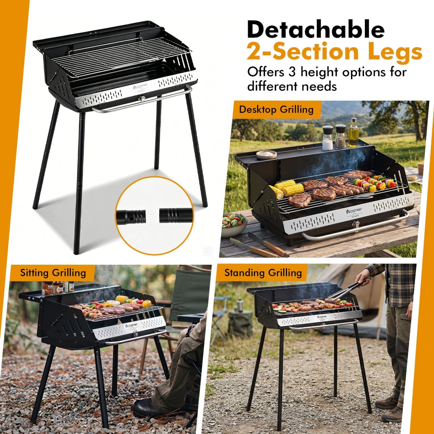 Portable Charcoal Grill with Adjustable Legs & Carrying Bag