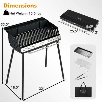 Portable Charcoal Grill with Adjustable Legs & Carrying Bag