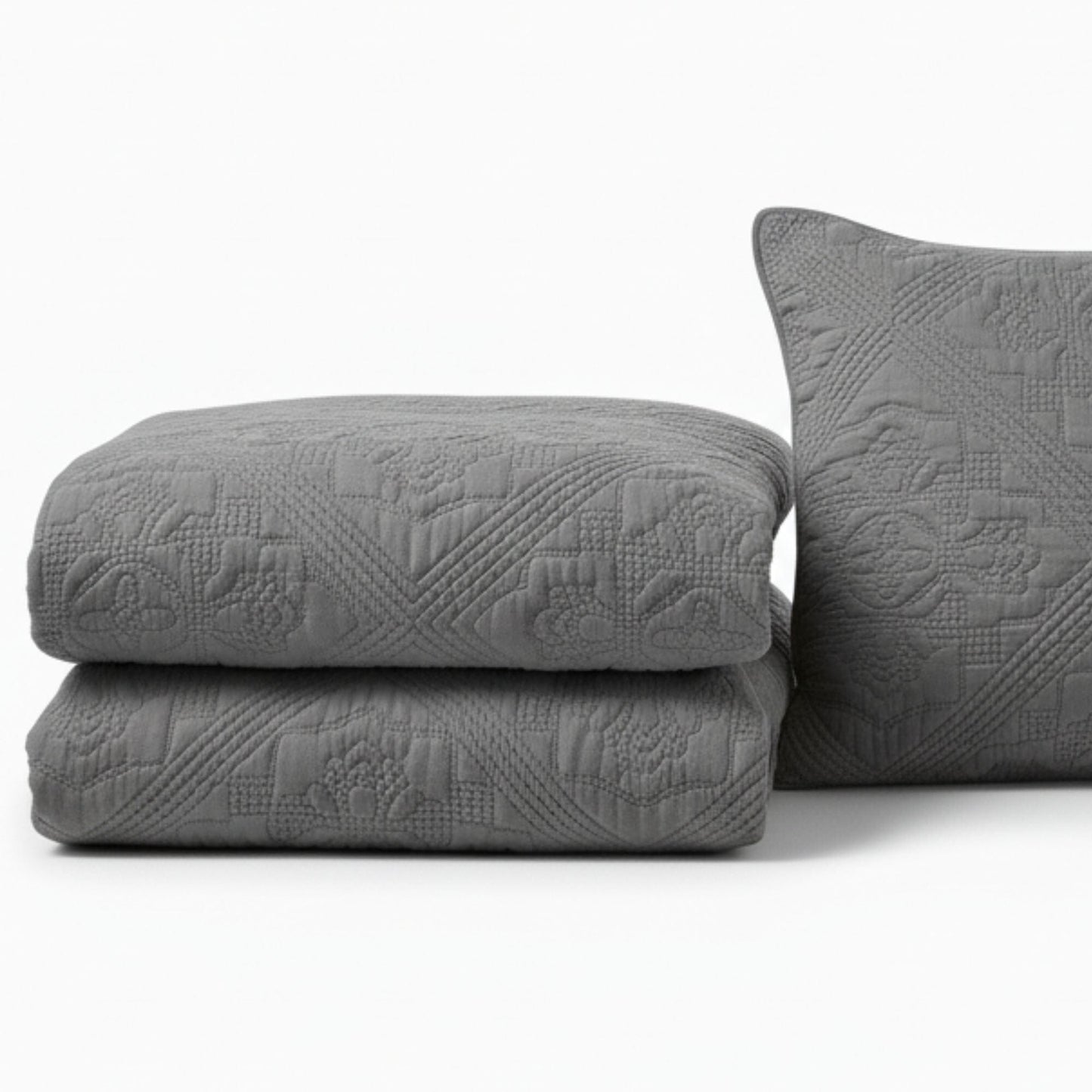 DaDa Bedding Floral Vintage Stone Wash Grey Matelassé Ash Silver Diamond Pattern Quilted Bedspread Set (JHW855)