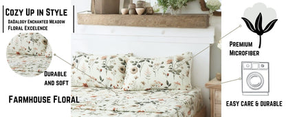 DaDalogy Enchanted Meadow Bed Sheet Set - Floral Harmony in Beige, Rose, and Soft Green, Premium Soft Microfiber, Machine Washable, Deep Pocket 14 - 15 Inches + Flat Sheet