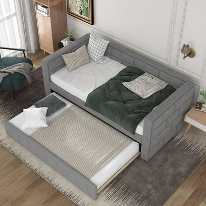 Upholstered Twin Size Daybed With Trundle, Padded Back And Sides - Gray