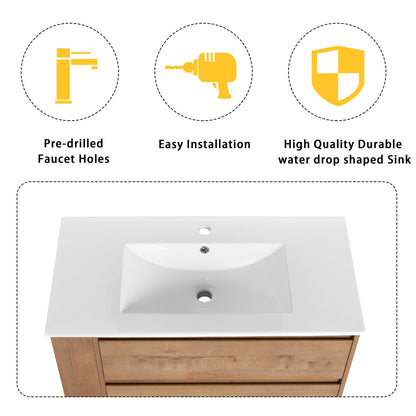 Modern Wall Mounted Bathroom Vanity With Ceramic Sink And Storage Rack, 2 Soft Close Drawers