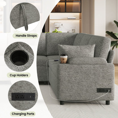 U-Shaped Sectional Sleeper Sofa With Ample Storage Space, 2 Cup Holders And Charging Ports For Living Room