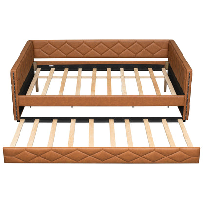 Upholstered Full Long Daybed With Trundle And LED Armrests - Brown