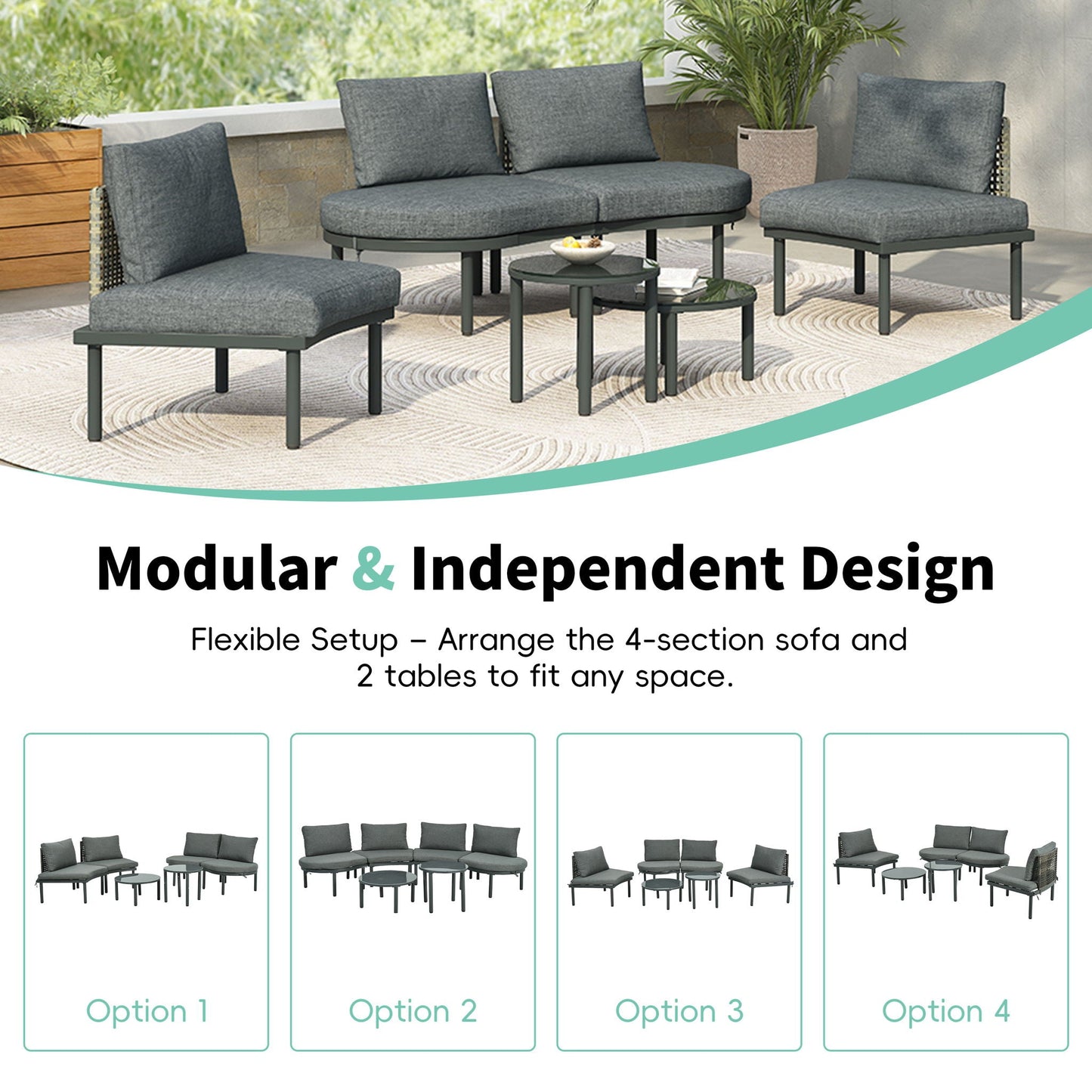 6 Piece Patio Set, Half Moon Outdoor Sectional Sofa With 2 High Low Coffee Tables, 4 Pillows & Cushions