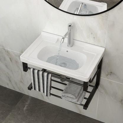 Wall Mounted Rectangular Bathroom Sink With Towel Bar & Overflow - White