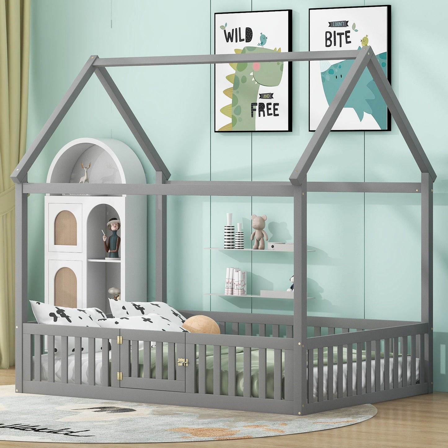 Wood House Bed With Fence And Door