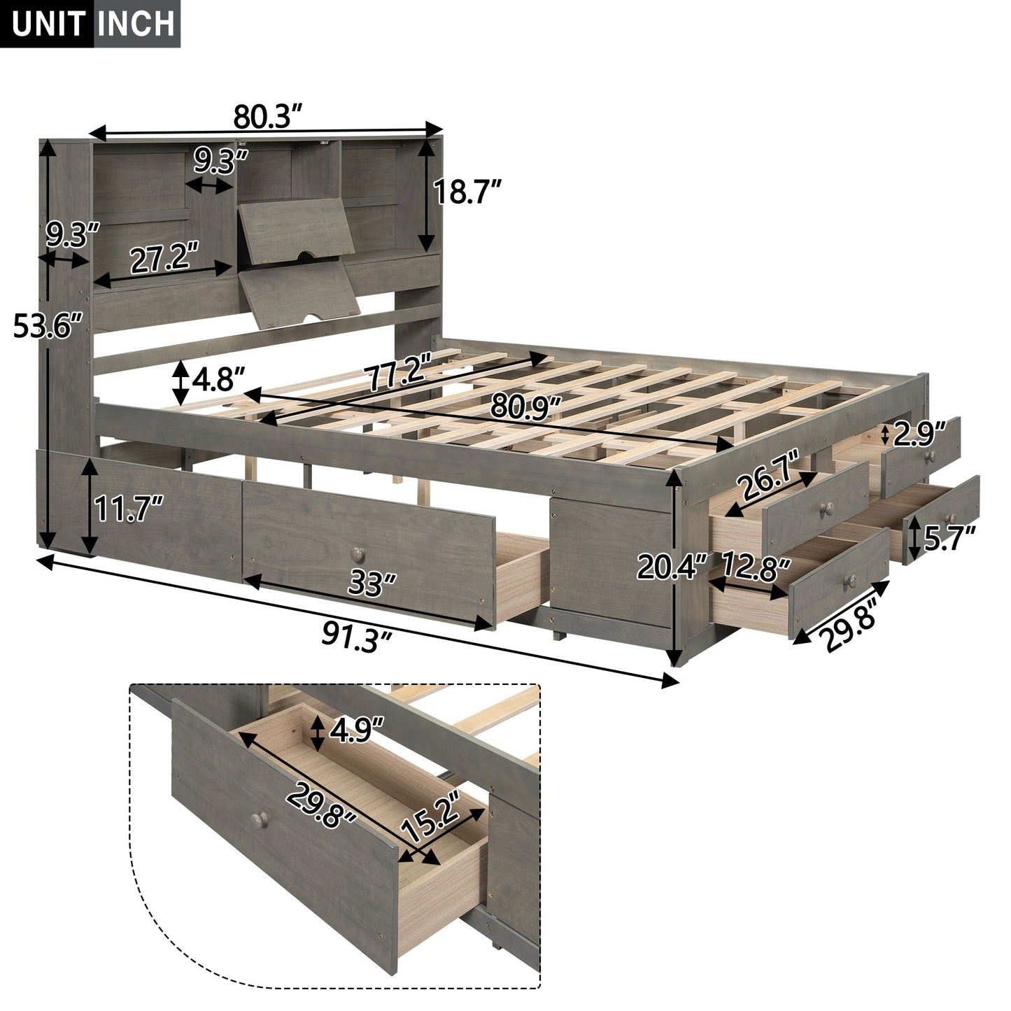 Platform Bed With Storage Headboard And 8 Drawers