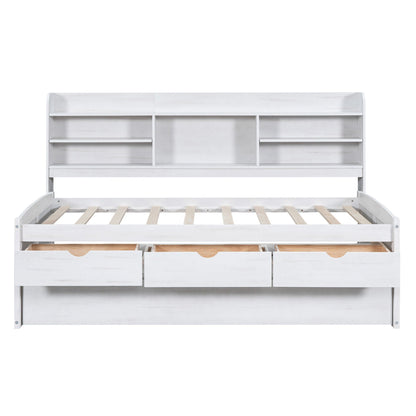 Captain Bed With Built In Bookshelves, 3 Storage Drawers, And Trundle