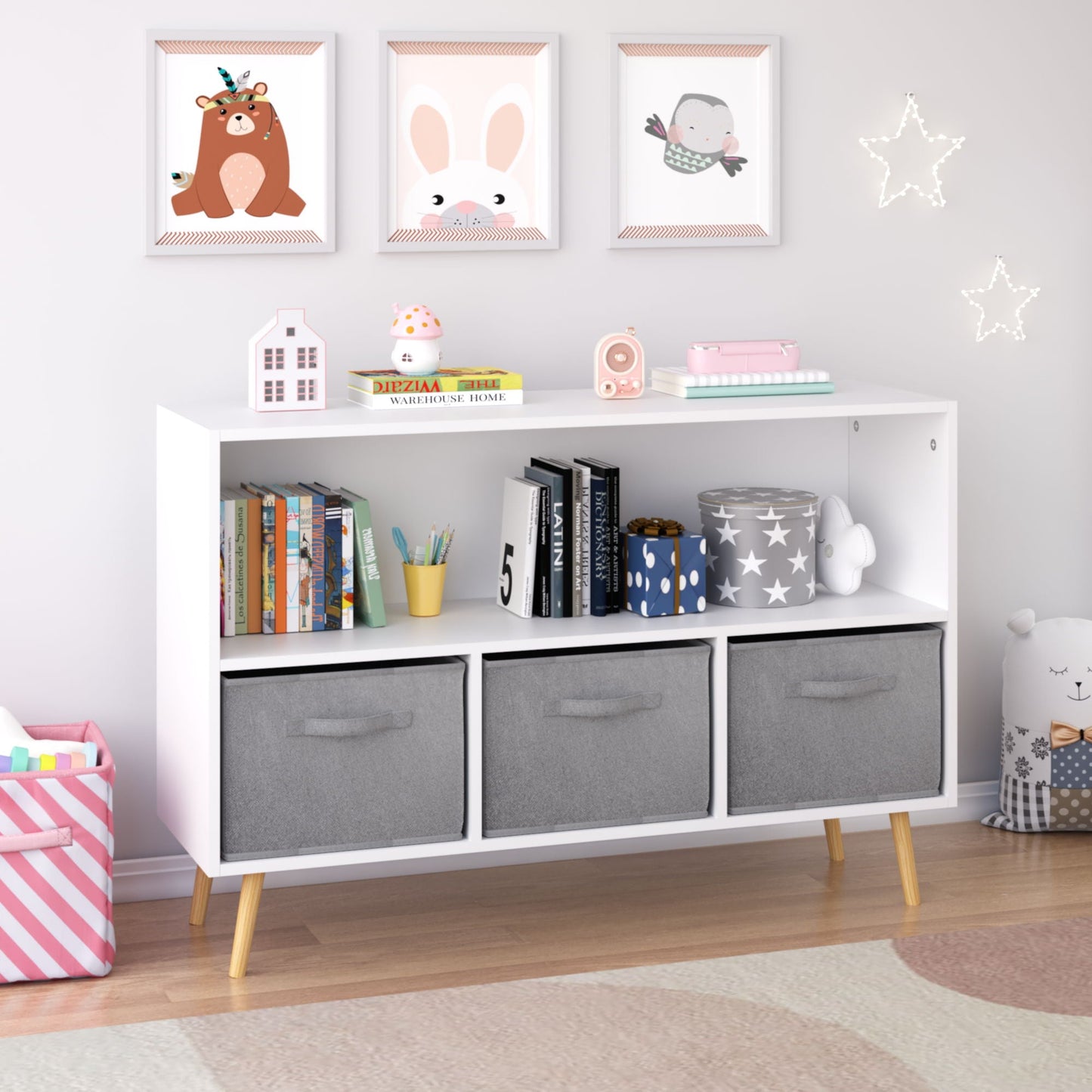 Bookcase With Collapsible Drawers, Book Display Organizer