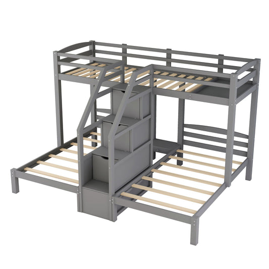 Twin Over Twin & Twin Bunk Bed With Built In Staircase And Storage Drawer - Gray