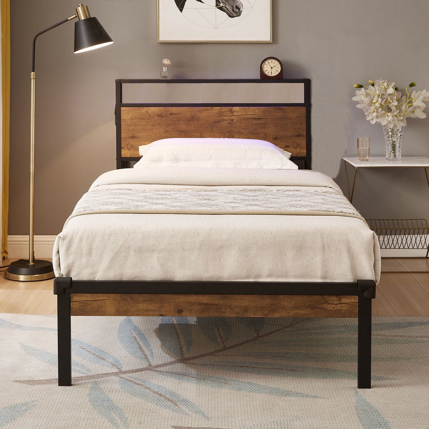 Platform Bed Frame With Wooden Headboard And Footboard, USB Liner