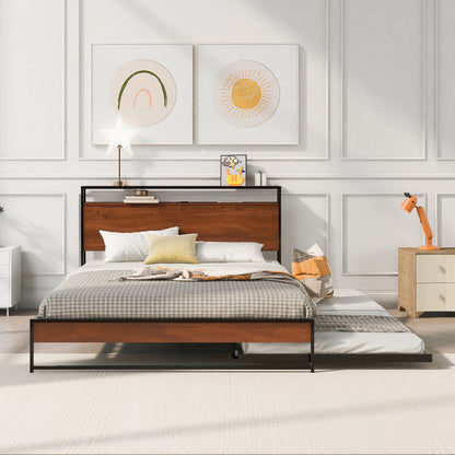 Platform Bed Frame With Trundle, USB Ports And Slat Support, No Box Spring Needed