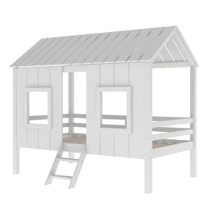 Twin Size Low Loft House Bed With Roof And 2 Front Windows - White