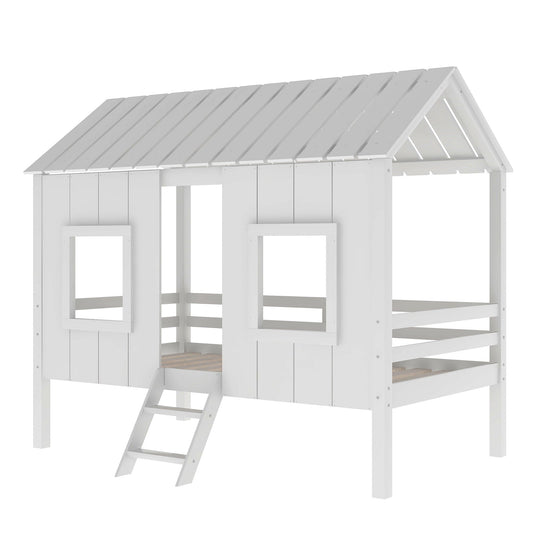 Twin Size Low Loft House Bed With Roof And 2 Front Windows - White