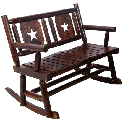 Rustic Outdoor Wood Rocking Bench Double Rocking Chair For 2 Persons With Curved Seat, Porch Rocker - Brown