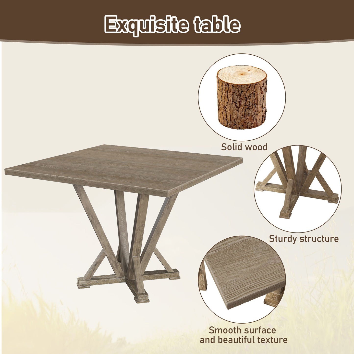 5 Pieces Set Counter Table Set Square Counter Table Solid Wood Modern Farmhouse Rustic Look Distressed Look - Grayish Brown