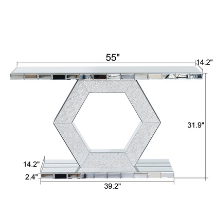 Sparkling Crystal Hexagon Mirror Entryway Premium Modern Foyer Console Table With Diamond Glass Effects, Dual Tier Luxury Sofa Table - Silver