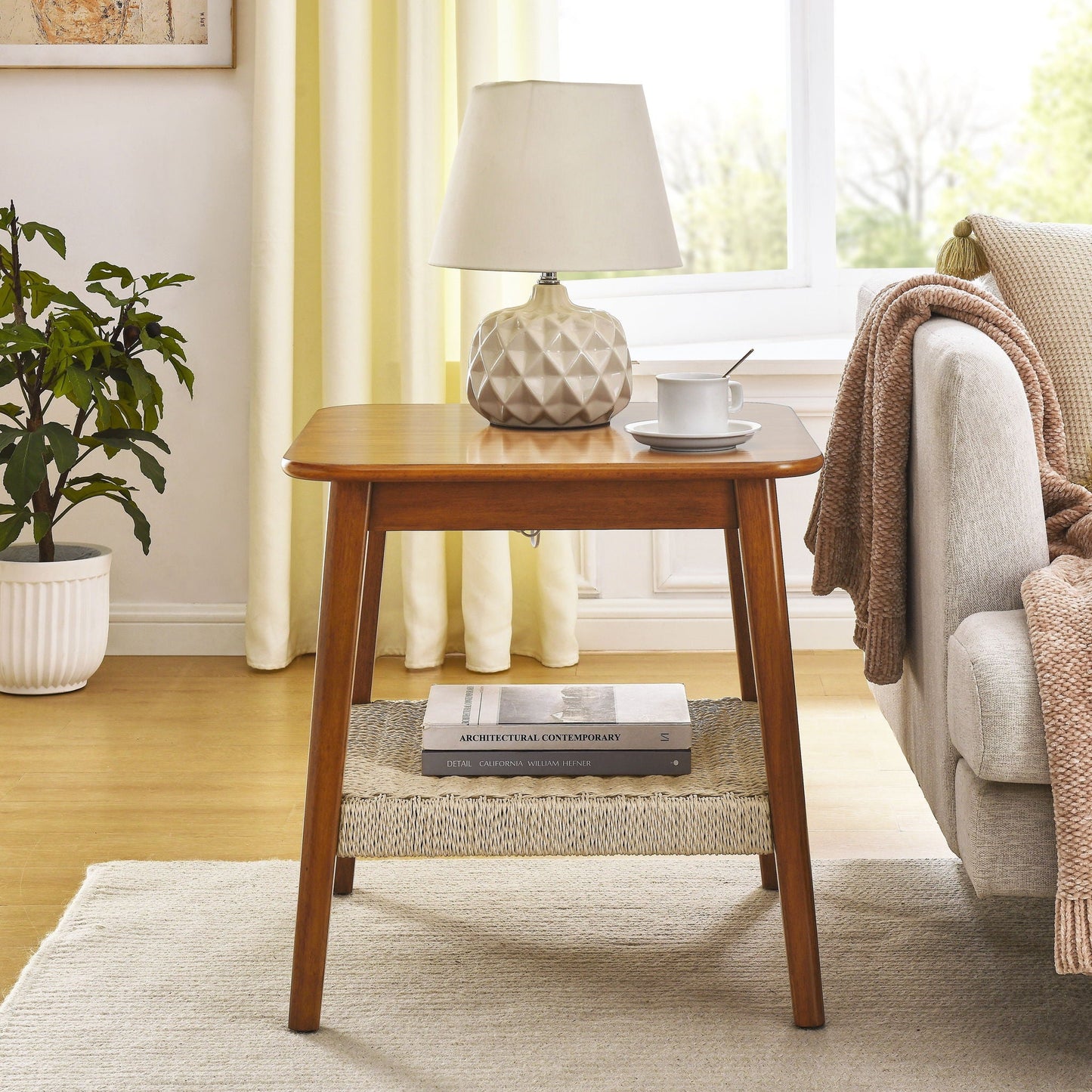 Mid - Century Square Side Table With Woven Shelf - Walnut