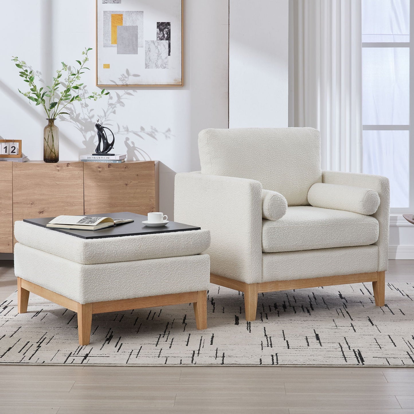 Oversized 360 Degree Swivel Barrel Accent Chair And Ottoman Set With Storage
