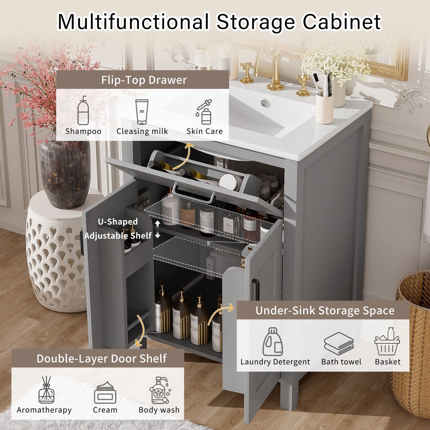 Bathroom Vanity With Ceramic Sink, Soft Close Doors, Flip Drawer, Double Layer Door Shelves
