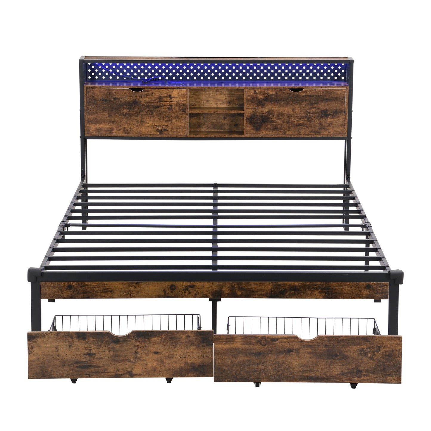 Modern Platform Bed, USB Charging Station, 2 Drawers, LED Lights