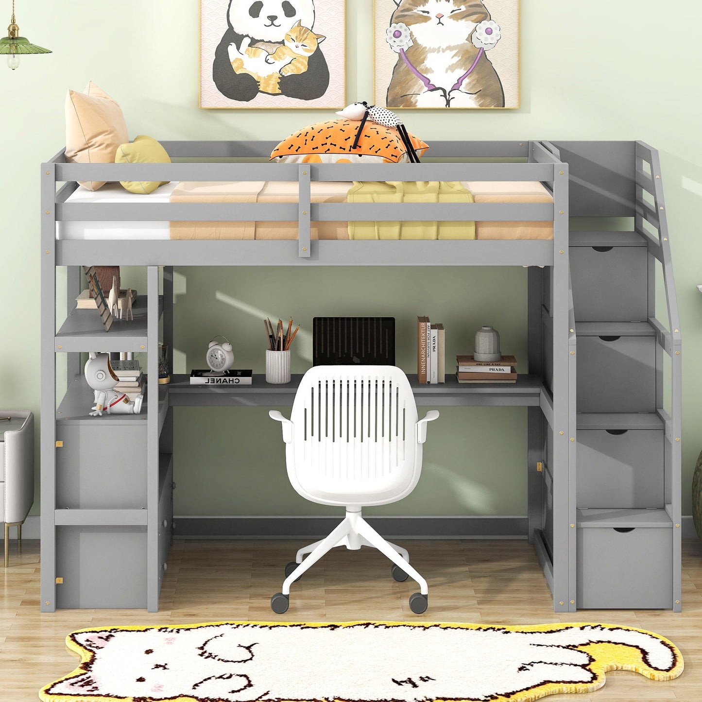 Loft Bed With Desk, Shelves, 2 Drawers, Storage Staircase
