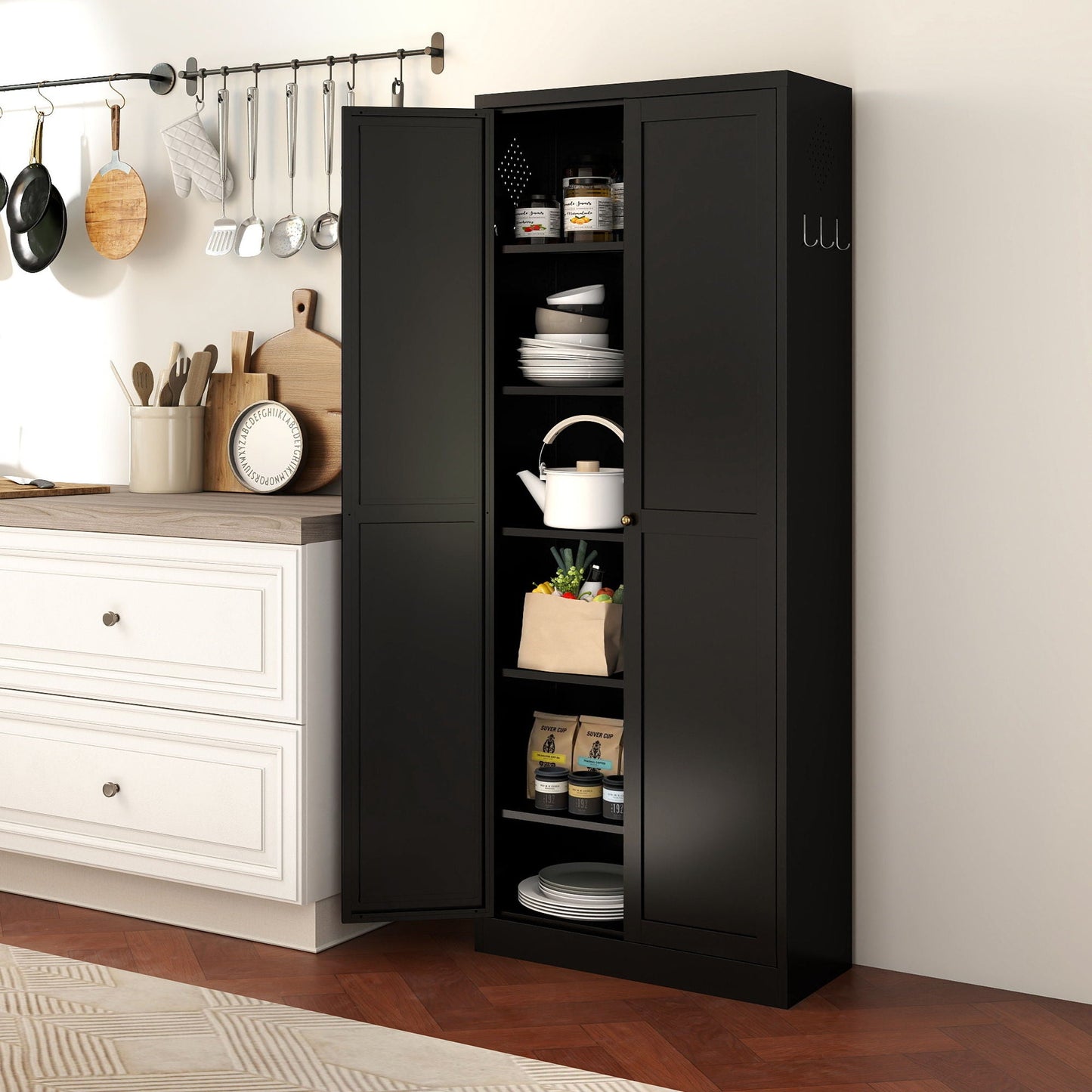 Kitchen Pantry Cabinet With 4 Adjustable Shelves, Heavy Duty Freestanding Organizer