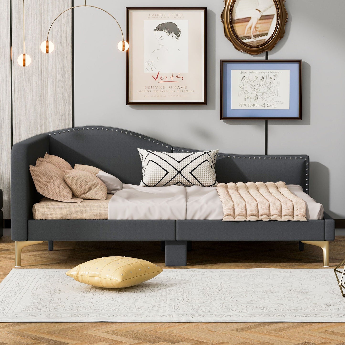 Upholstered Daybed With Headboard And Armrest, Support Legs