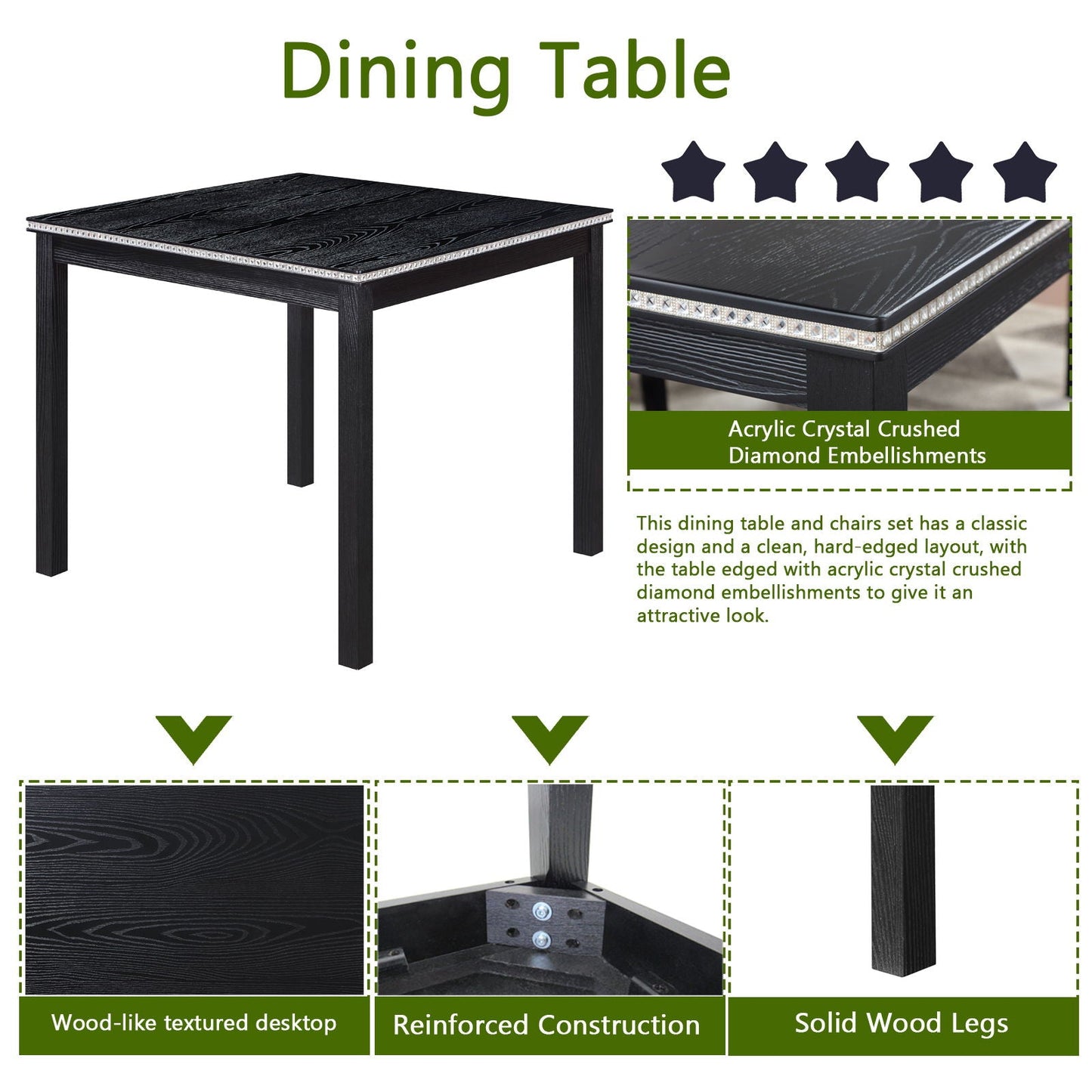 5 Pieces Wooden Dining Table Set, Square Table And 4 Upholstered Chairs