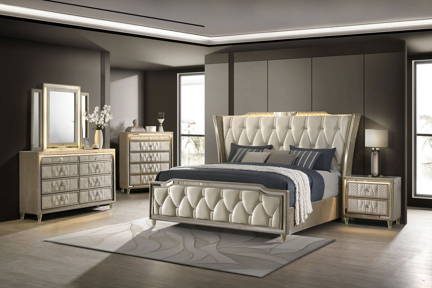 Lorient Queen LED Upholstered Wingback Bed Ivory and Camel