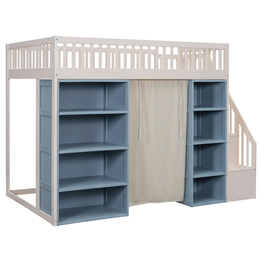 Full Size Loft Bed With 2 Four Layer Storage Cabinets And Curtain With Built In Staircase And Privacy Curtain - White