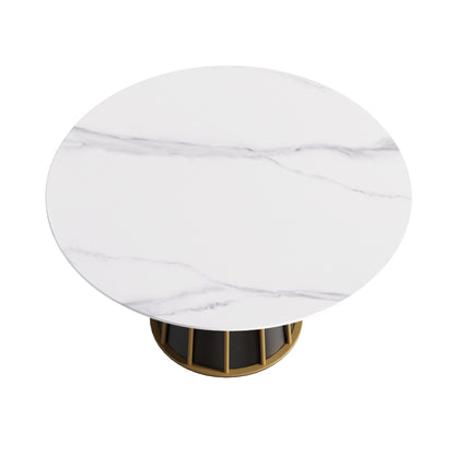 53.15" Modern Artificial Stone Round Panel Metal Iron Base Dining Table, Can Accommodate 6 People, (Not Including Chairs) - White / Black
